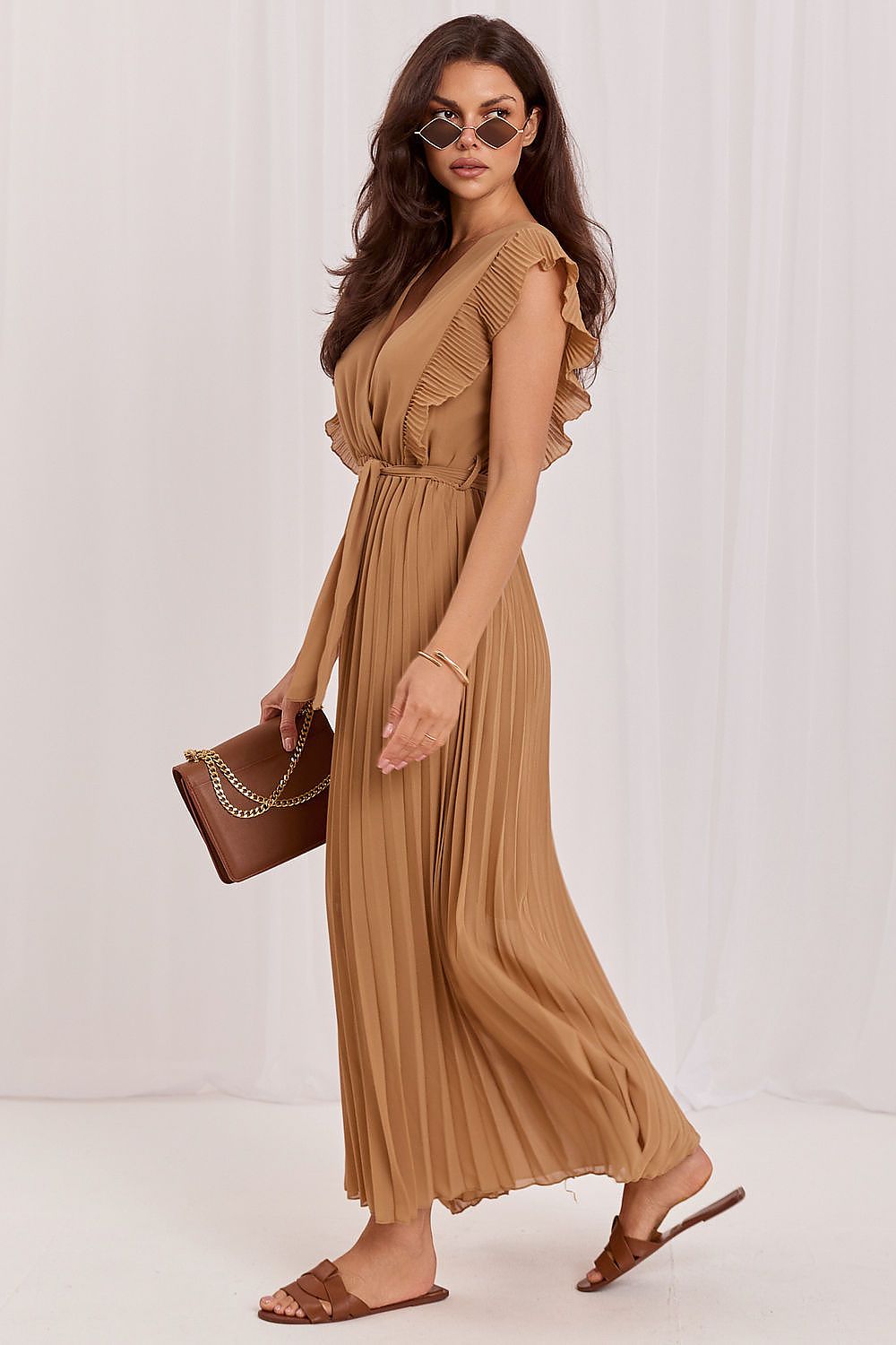 Brown Sash Pleated Wrap-Neck Midi Dress