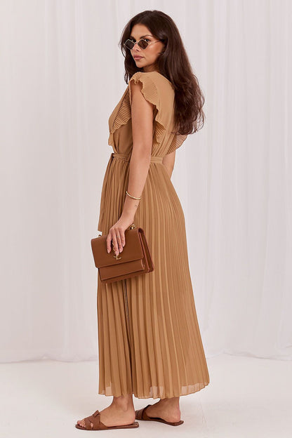 Brown Sash Pleated Wrap-Neck Midi Dress