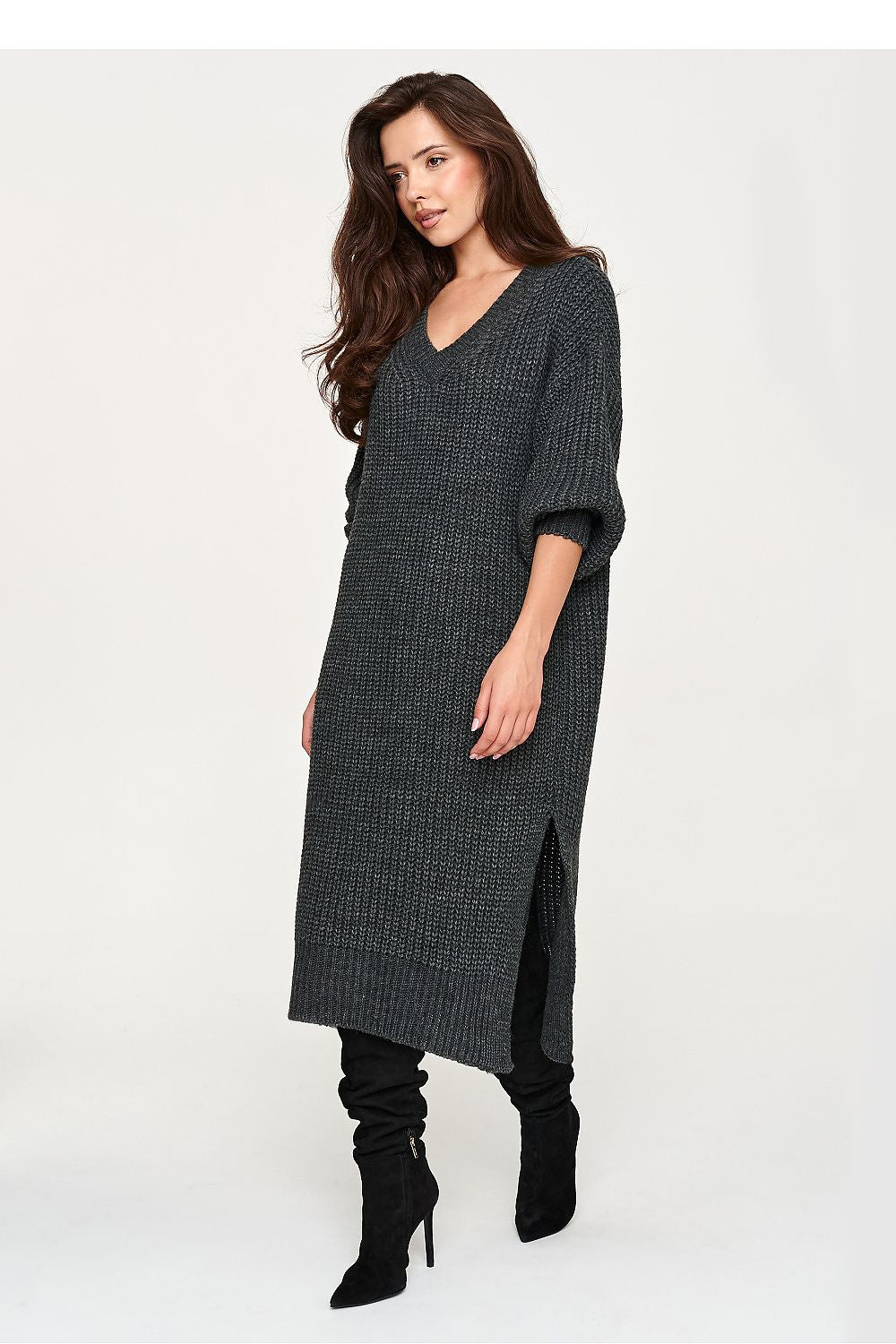Cloud Reverie V-Neck Knit Midi Dress – Grey