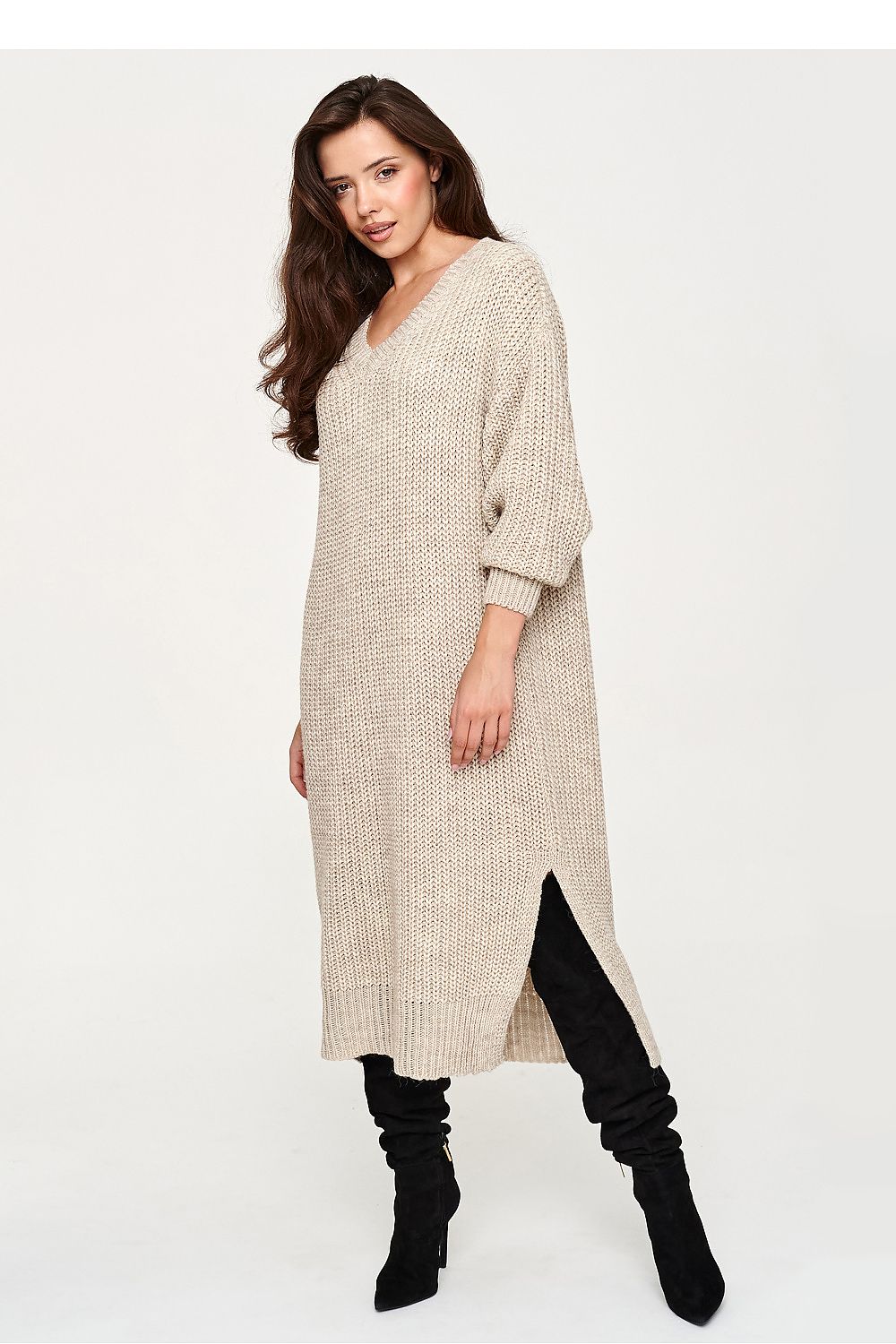 Sandstone Ease V-Neck Knit Midi Dress – Beige