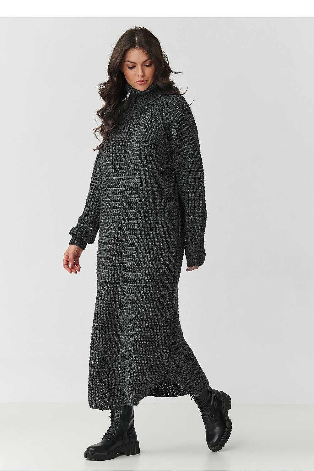 Winter Interval High-Collar Knit Midi Dress – Grey