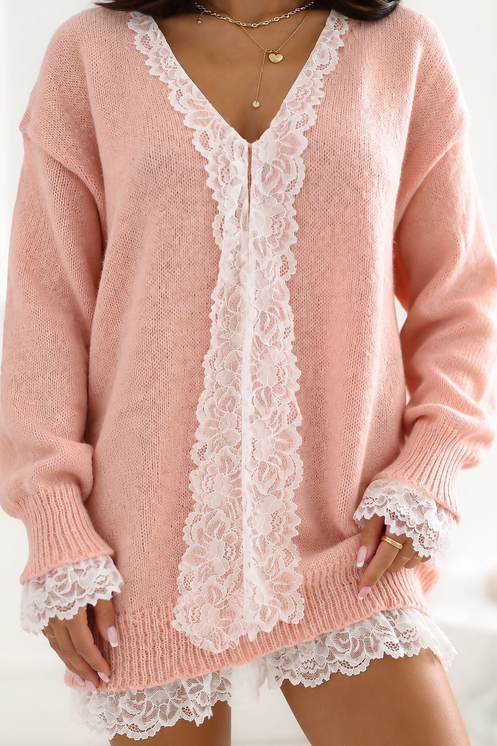 Blush Lacing Longline Tie-Front Sweater – Pink — product photograph