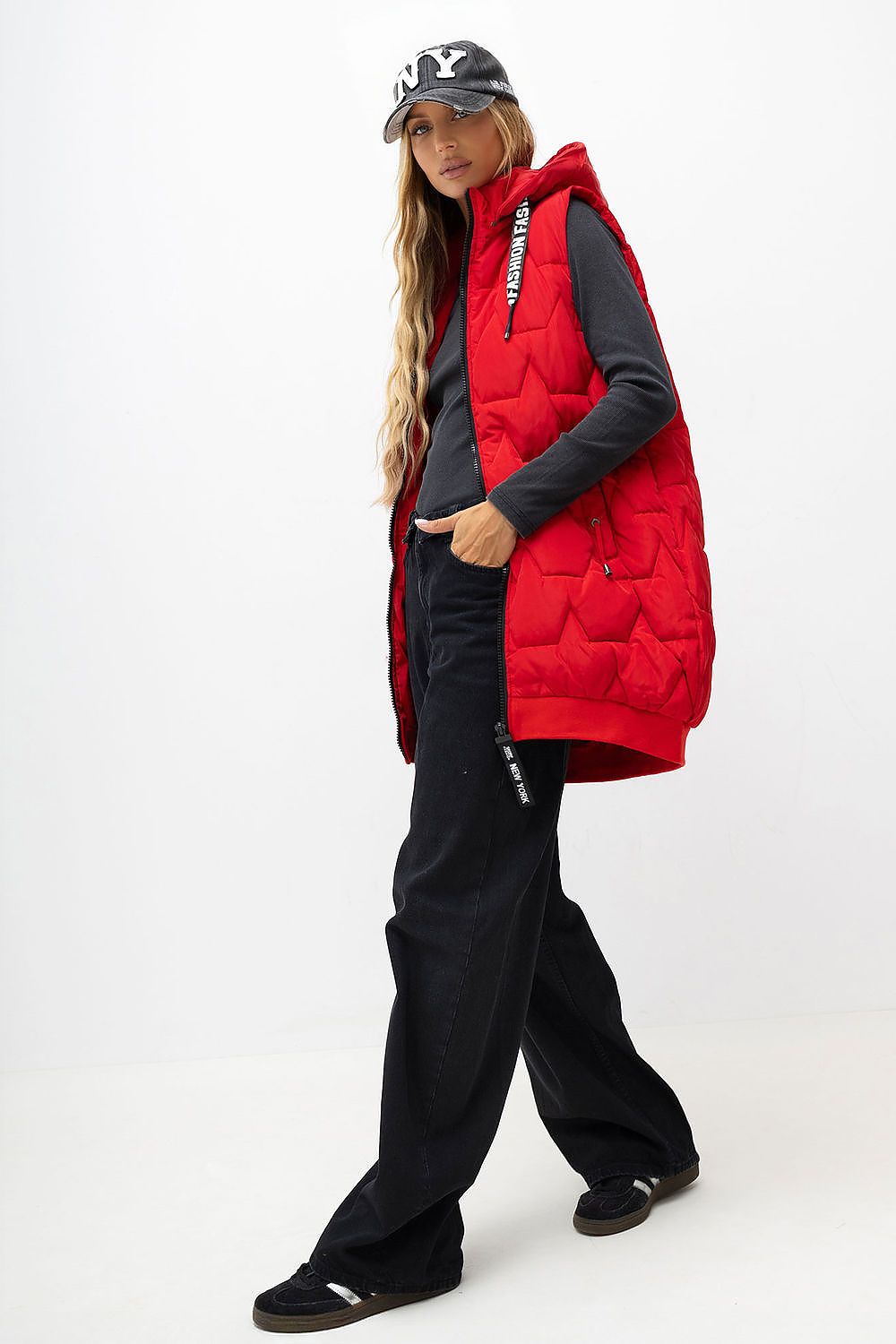 Scarlet Traverse Long Quilted Vest – Red — product photograph
