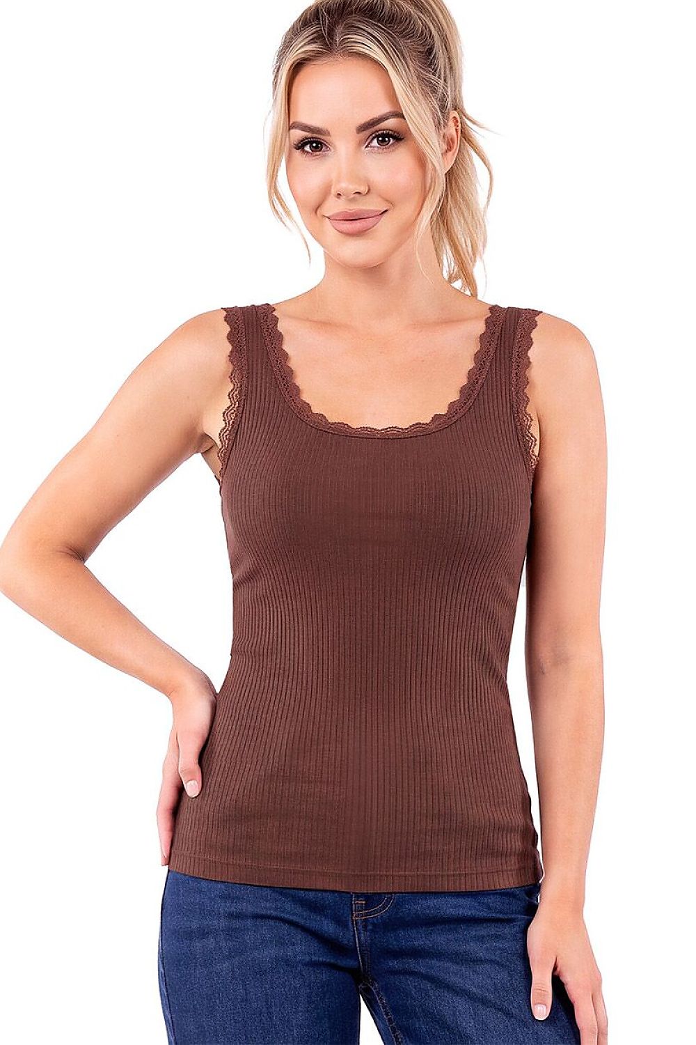 Cocoa Lace Line Ribbed Cotton-Blend Tank – Brown