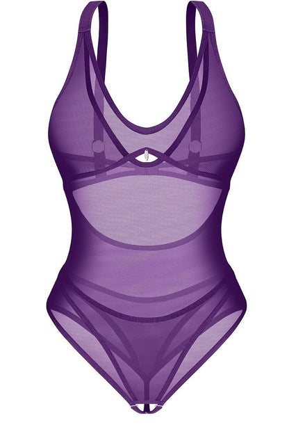 Violet Afterlight Open-Crotch Mesh Bodysuit — product photograph