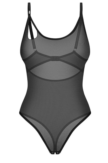After Hours Black Asymmetric Mesh Bodysuit — product photograph
