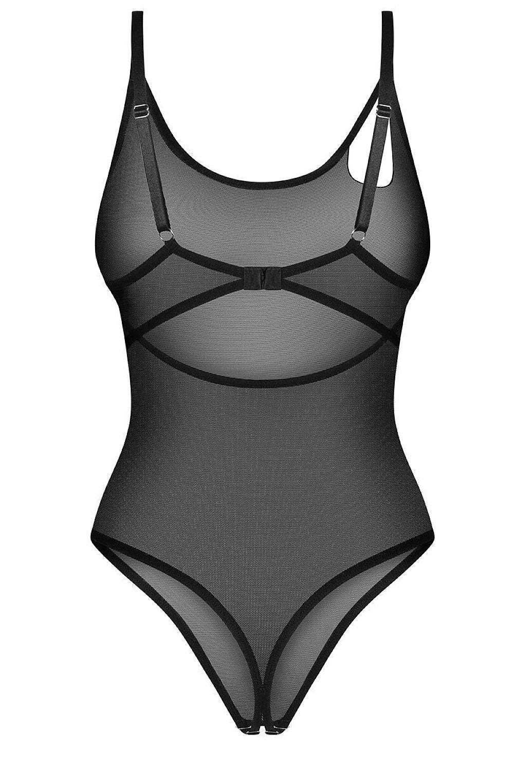 After Hours Black Asymmetric Mesh Bodysuit — product photograph