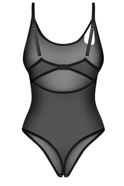 After Hours Black Asymmetric Mesh Bodysuit — product photograph