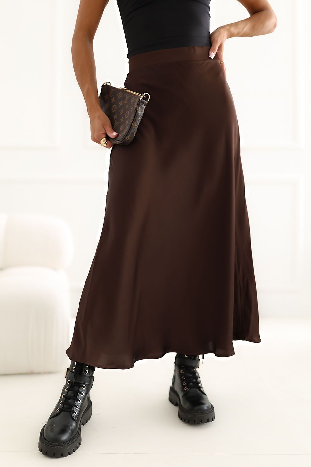Cocoa Current Satin Midi Skirt – Brown — view 1