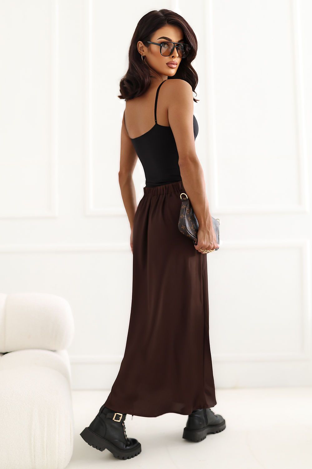 Cocoa Current Satin Midi Skirt – Brown — view 2
