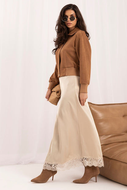 Ivory Postscript Lace-Hem Satin-Effect Midi Skirt – Beige — view 2