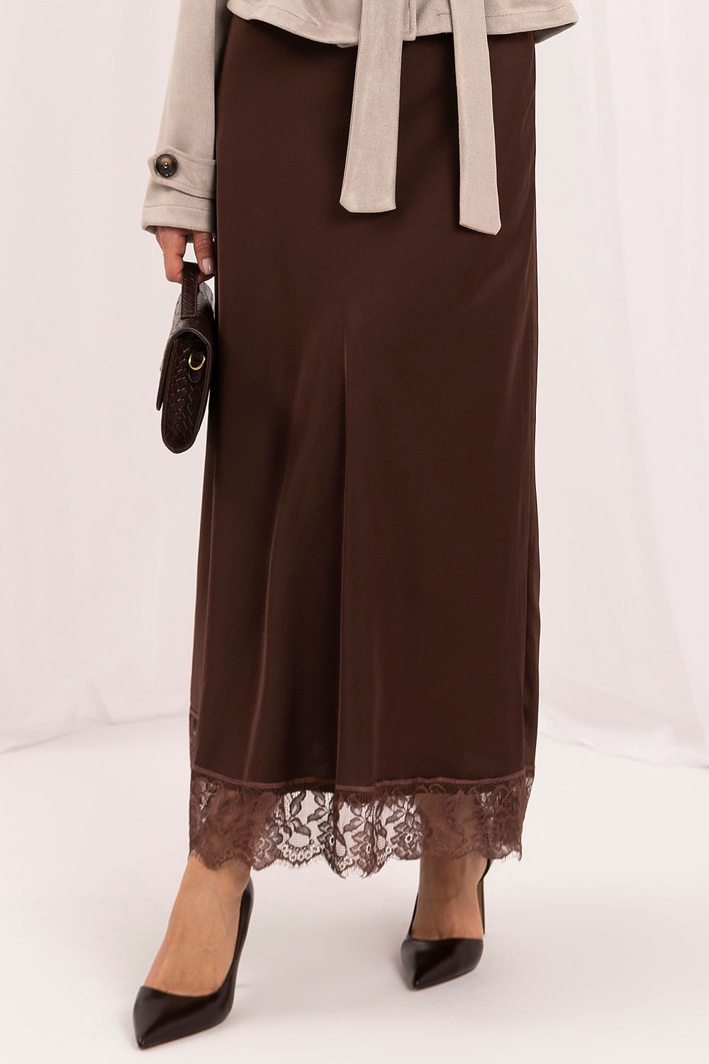 Copper Epilogue Lace-Hem Midi Skirt – Brown — view 1