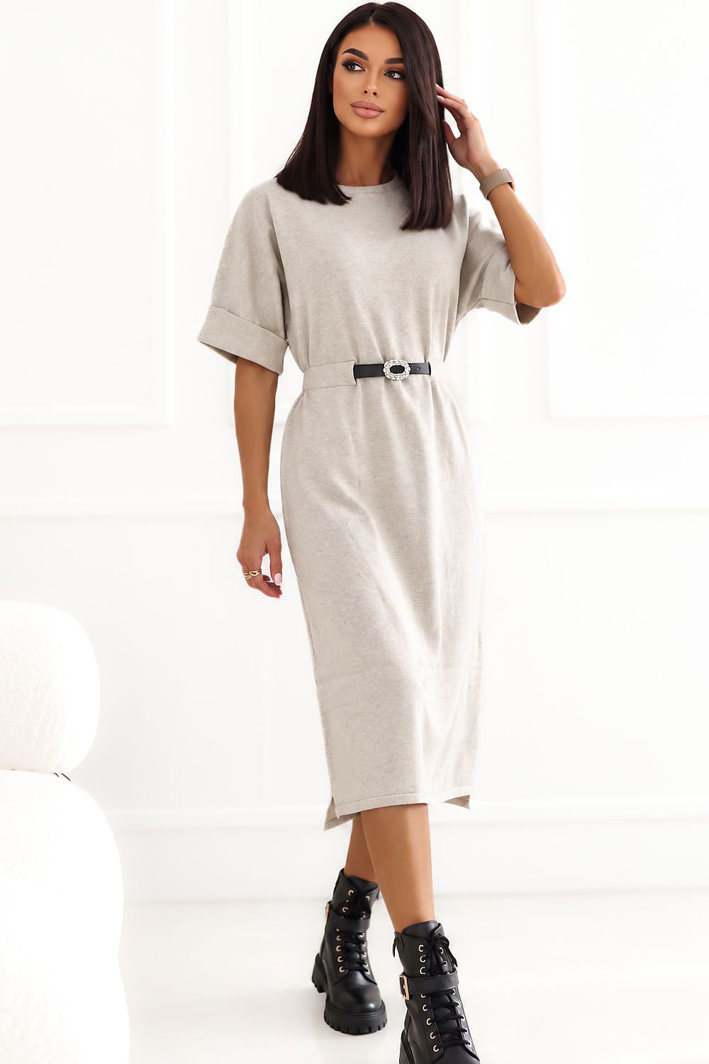 Sand Meridian Kimono-Sleeve Midi Dress – Beige — view 2
