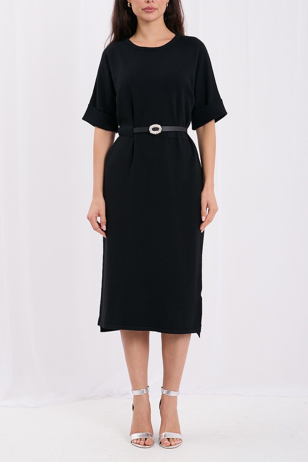 Black Meridian Belted Kimono-Sleeve Knit Midi Dress — view 1