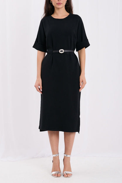 Black Meridian Belted Kimono-Sleeve Knit Midi Dress — view 1