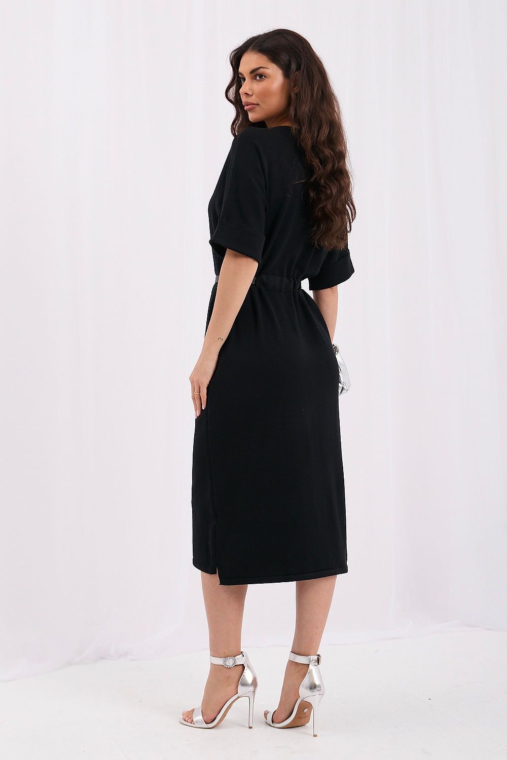Black Meridian Belted Kimono-Sleeve Knit Midi Dress — view 2