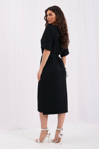 Black Meridian Belted Kimono-Sleeve Knit Midi Dress — view 2