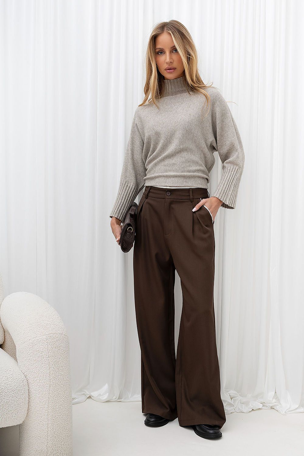 Umber Route Pleated Wide-Leg Pants – Brown — view 1