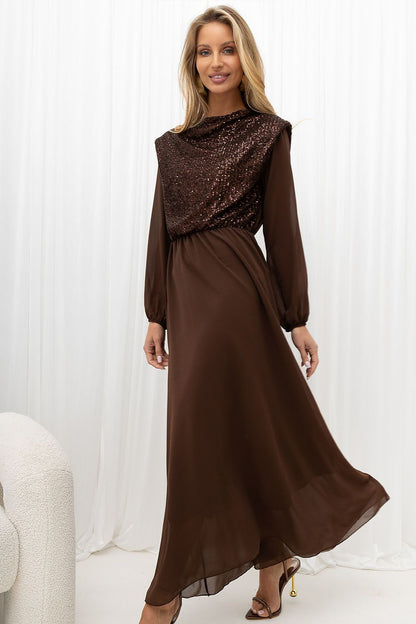 Bronze Applause Sequin-Front Maxi Dress – Brown — view 1