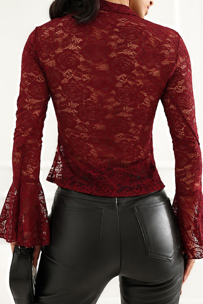 Scarlet Script Tie-Neck Lace Shirt – Red — view 3