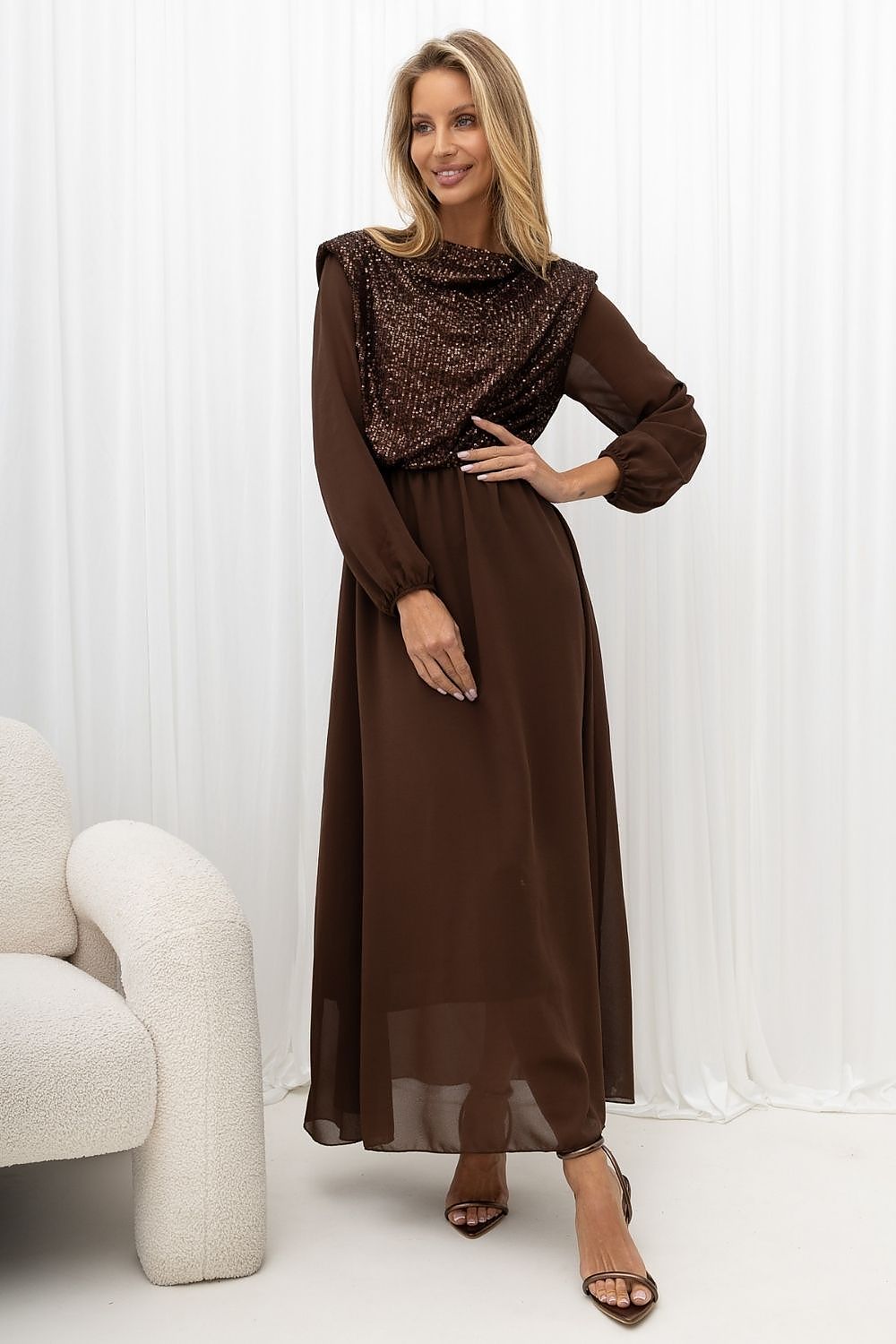 Bronze Applause Sequin-Front Maxi Dress – Brown — view 3