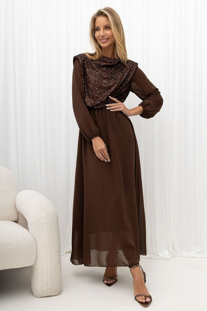 Bronze Applause Sequin-Front Maxi Dress – Brown — view 3