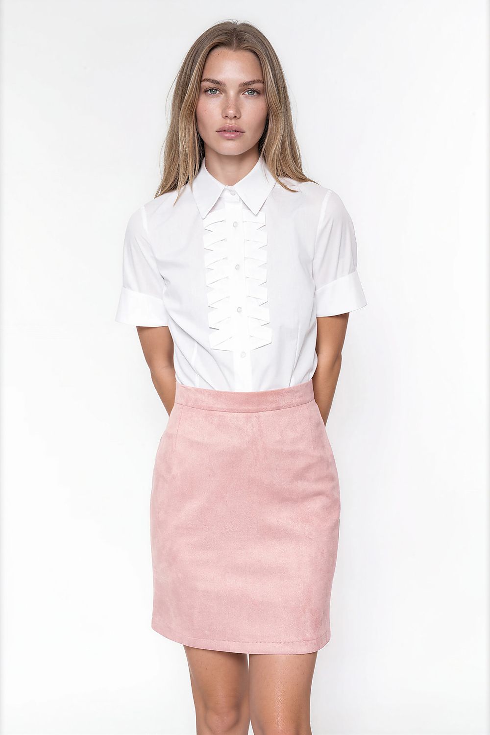 White Prelude Pleated-Neck Short-Sleeve Shirt — view 1