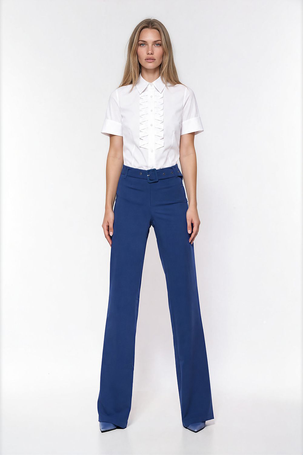 White Prelude Pleated-Neck Short-Sleeve Shirt — view 4