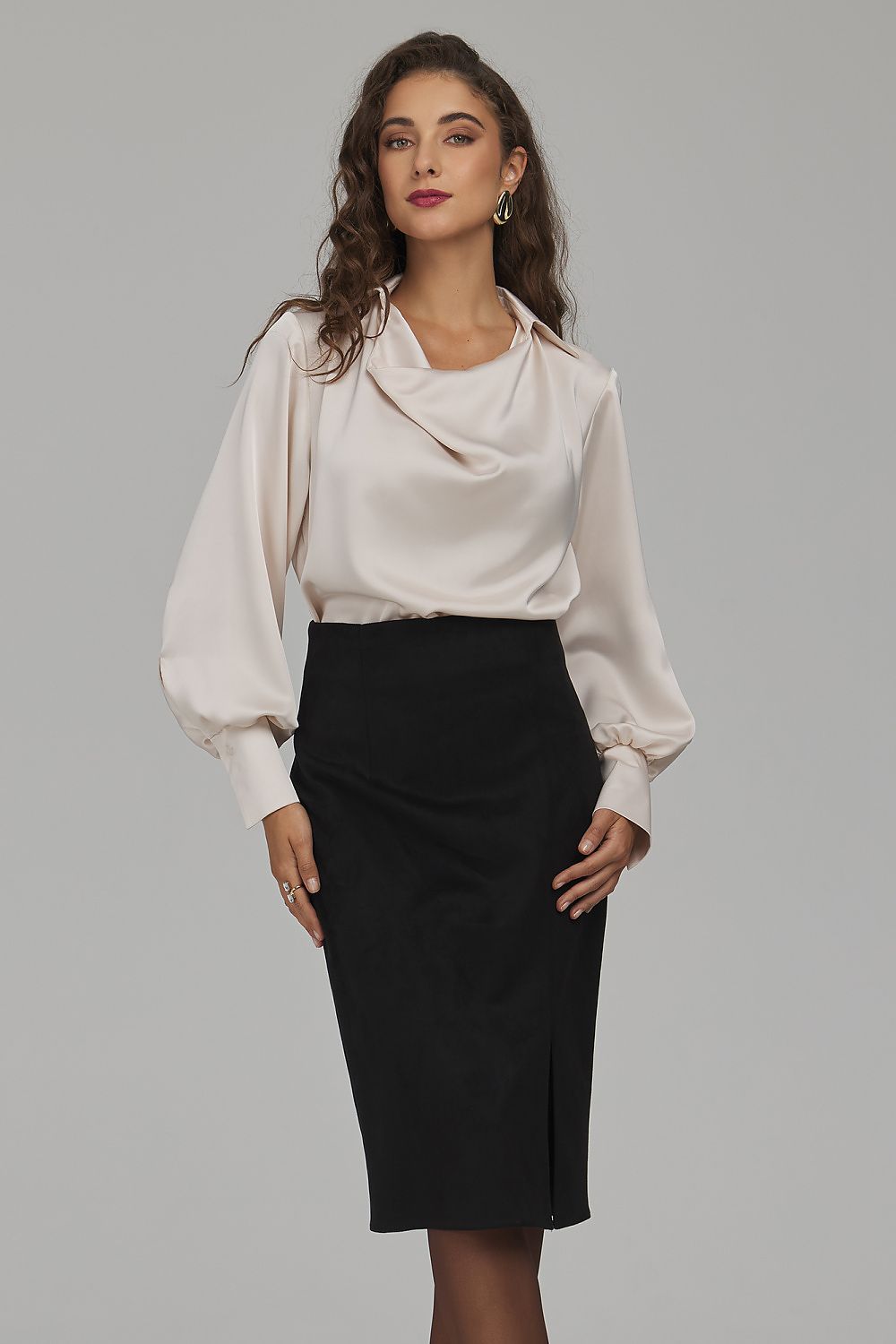 Noir Passage Suede-Effect Side-Slit Midi Skirt – Black — view 1