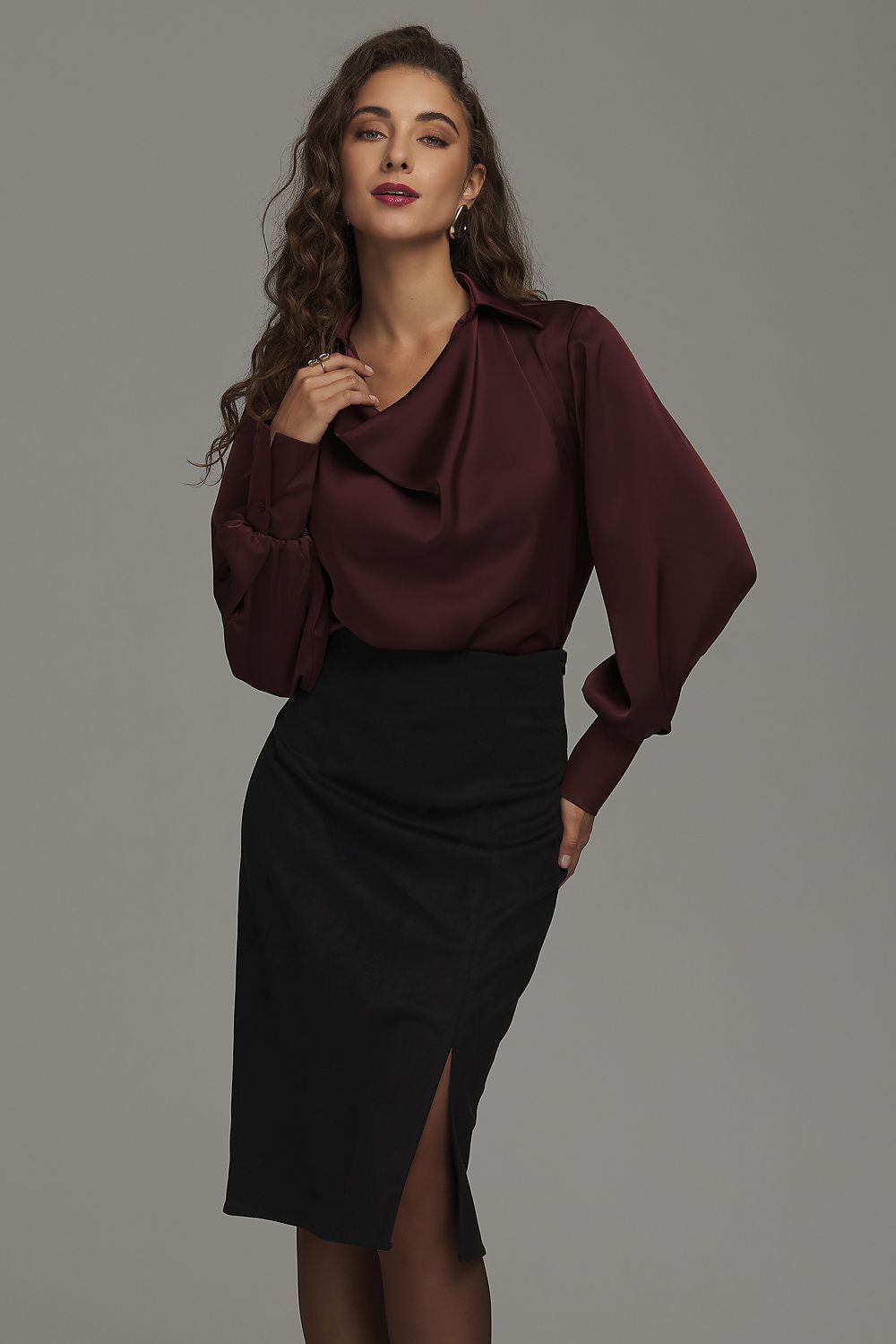 Noir Passage Suede-Effect Side-Slit Midi Skirt – Black — view 4