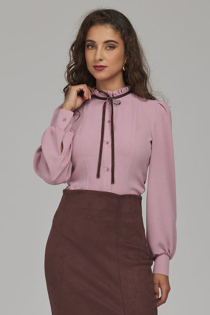 Rose Punctuation Velvet-Trim Pleated-Collar Shirt – Pink — view 1