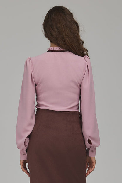 Rose Punctuation Velvet-Trim Pleated-Collar Shirt – Pink — view 3