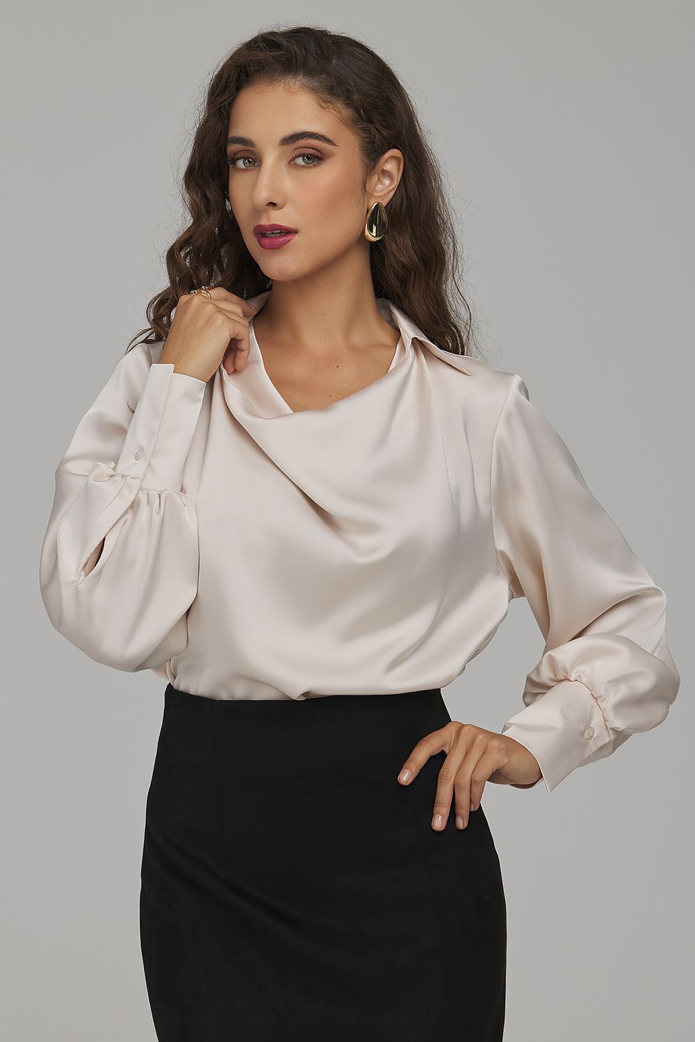 Sand Ripple Cowl-Neck Satin-Effect Blouse – Beige — view 1