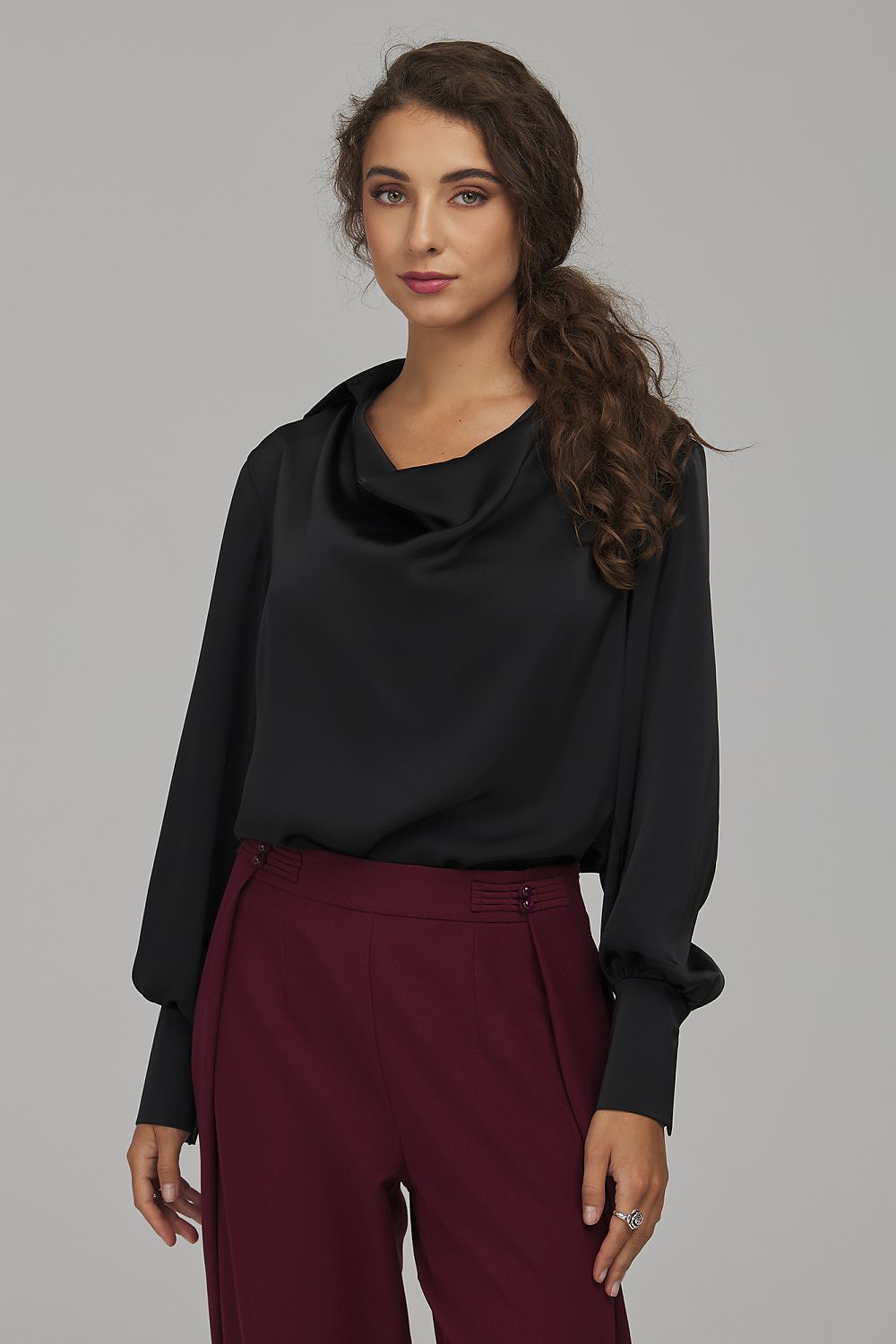 Midnight Fold Cowl-Neck Satin-Effect Blouse – Black — view 1