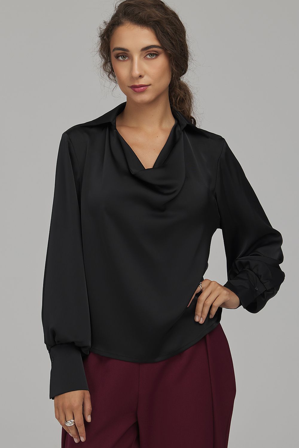 Midnight Fold Cowl-Neck Satin-Effect Blouse – Black — view 2