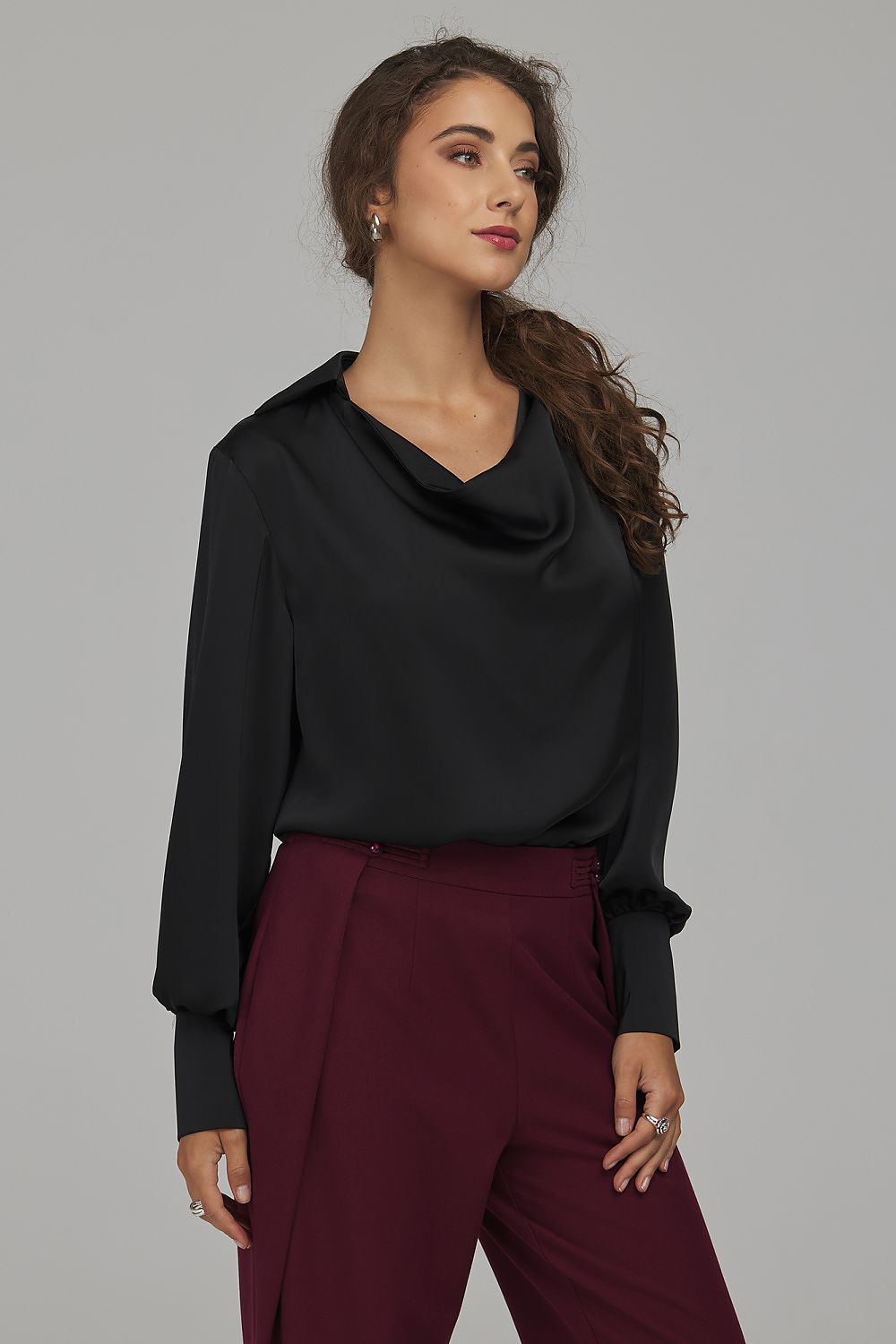 Midnight Fold Cowl-Neck Satin-Effect Blouse – Black — view 4