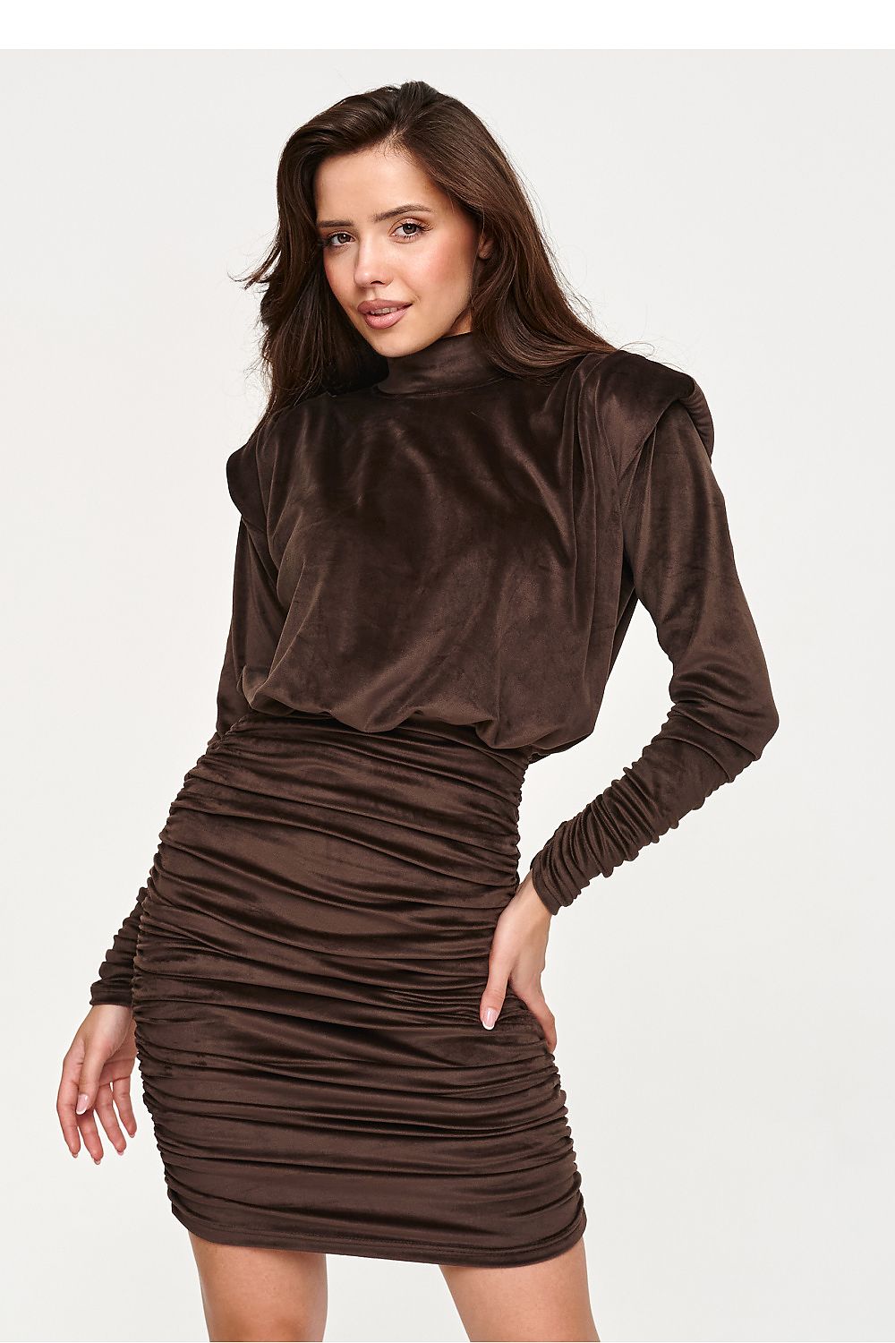 Velvet Eclipse Ruched Mini Dress – Brown — view 1