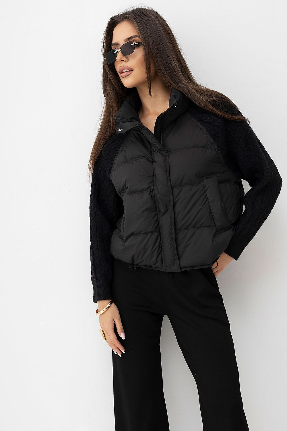 Noirline Sweater-Sleeve Quilted Jacket – Black — view 1