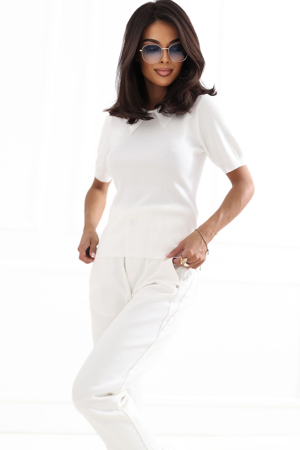 Oat Collar-Line Short-Sleeve Sweater – Beige — view 1
