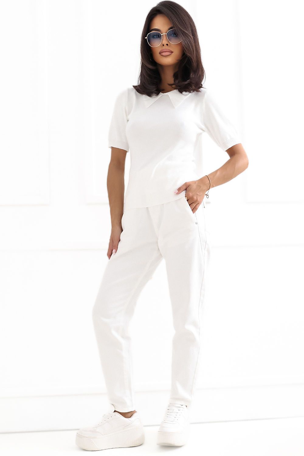 Oat Collar-Line Short-Sleeve Sweater – Beige — view 2