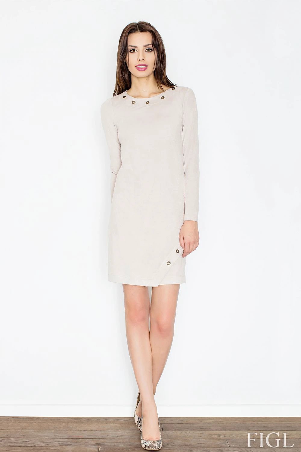 Figl Daydress Model 52600 - Trendy Women's Long Sleeve Mini Dress with Decorative Metal Rings and Soft Suede-Like Fabric by Figl