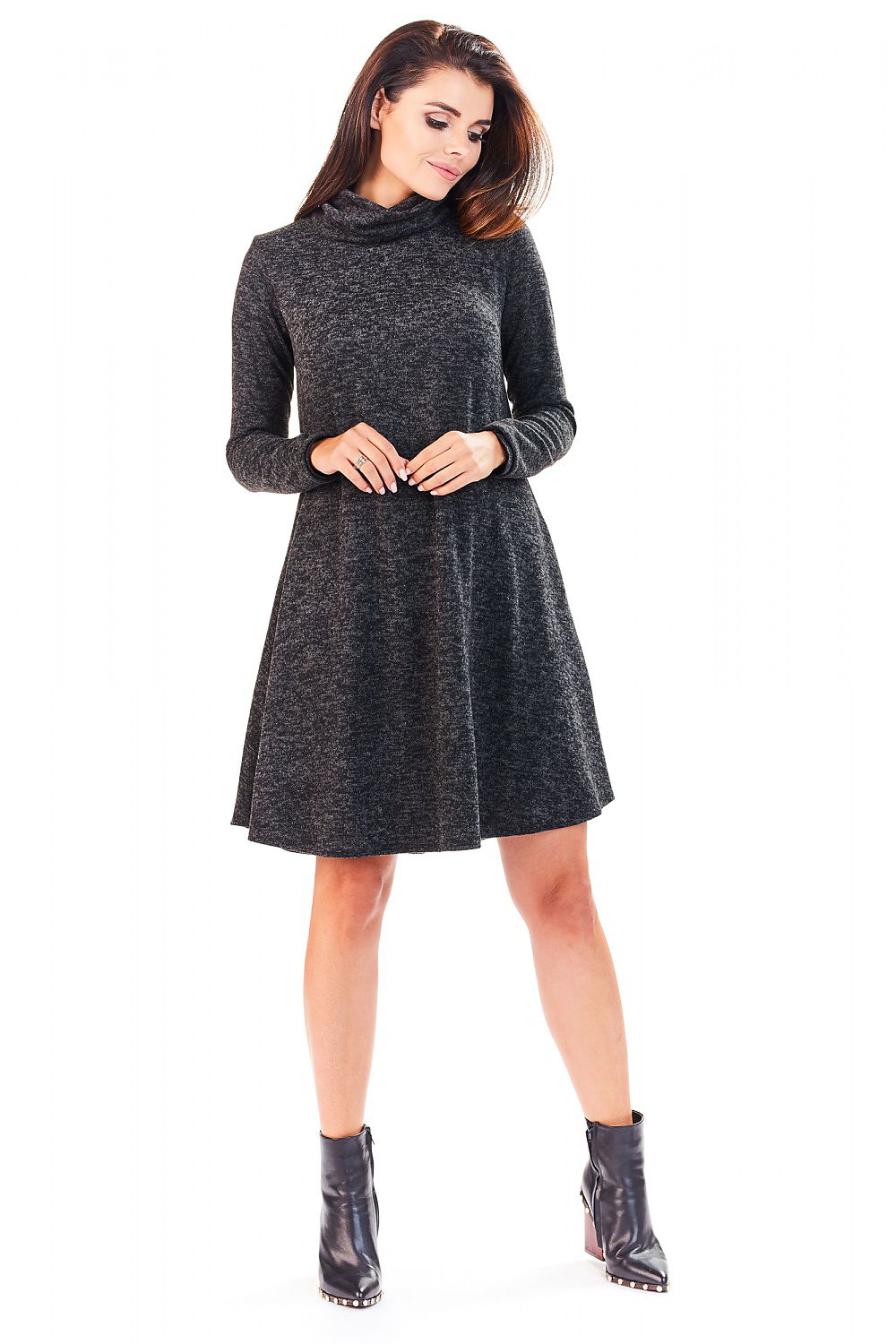 Long-Sleeve Turtleneck Flared Dress