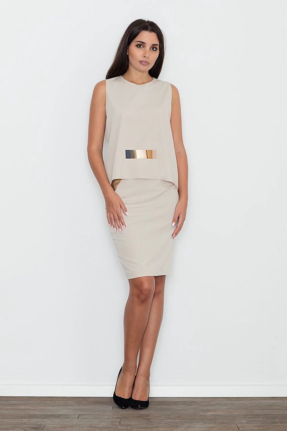 Figl Elegant Set Model 111022 - Blouse with Gold Accent and Fitted Eco-Leather Skirt for Day and Evening Wear by Figl