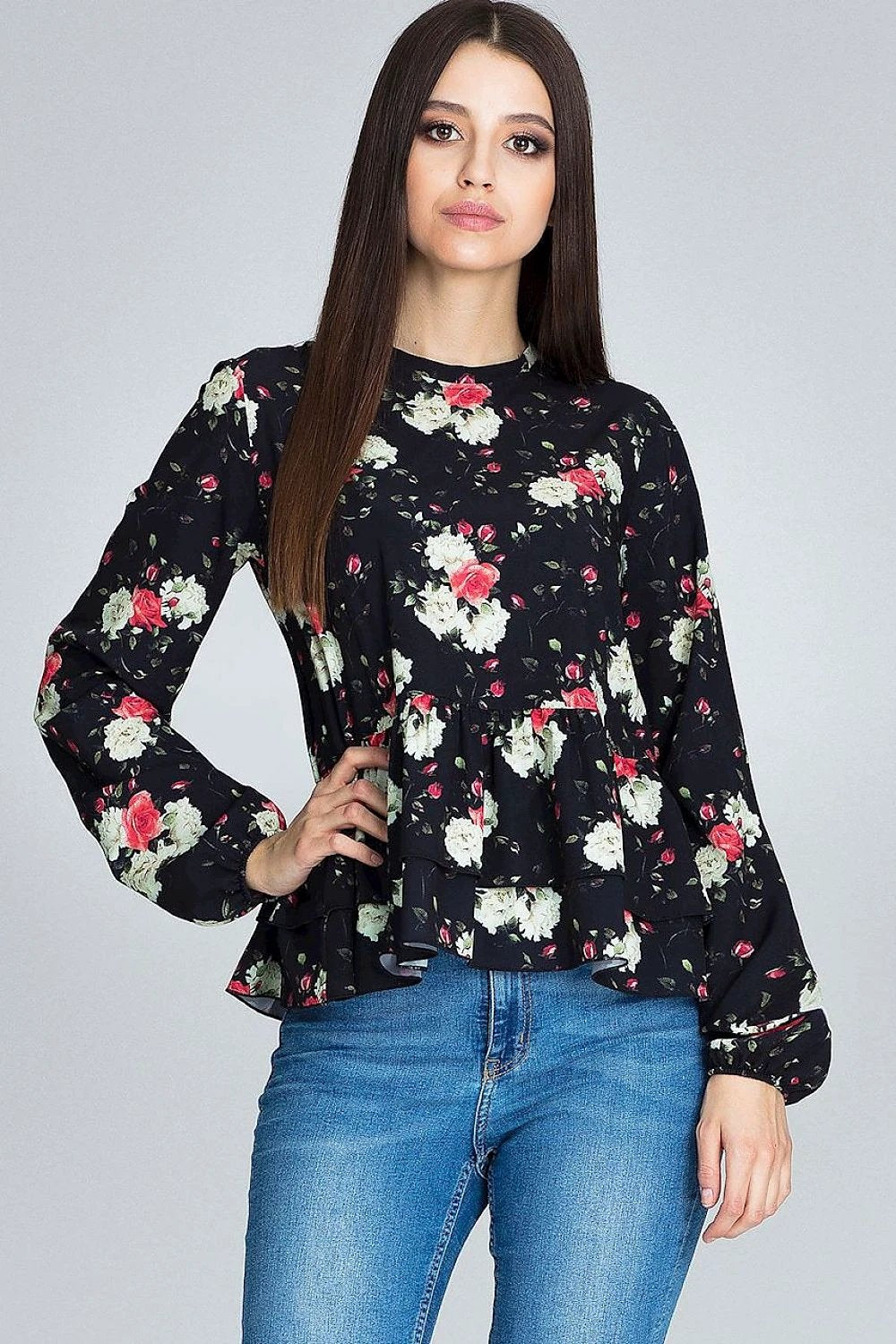 Figl Blouse Model 116240 - Loose Floral Long Sleeve with Frills and Stand-Up Collar by Figl