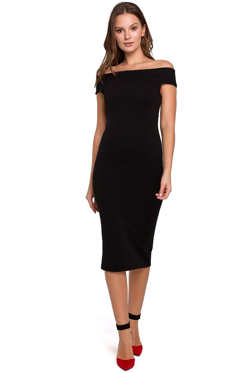 Makover Beige Evening Dress 138549 - Feminine Midi Length with Fitted Cut and Stretch Fabric by Makover