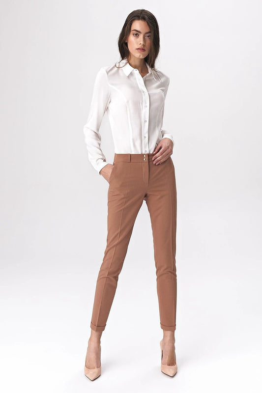 Nife Women's Caramel Press-Stud Trousers - Tailored for Feminine Shapes and Comfort Blend Fabric by Nife