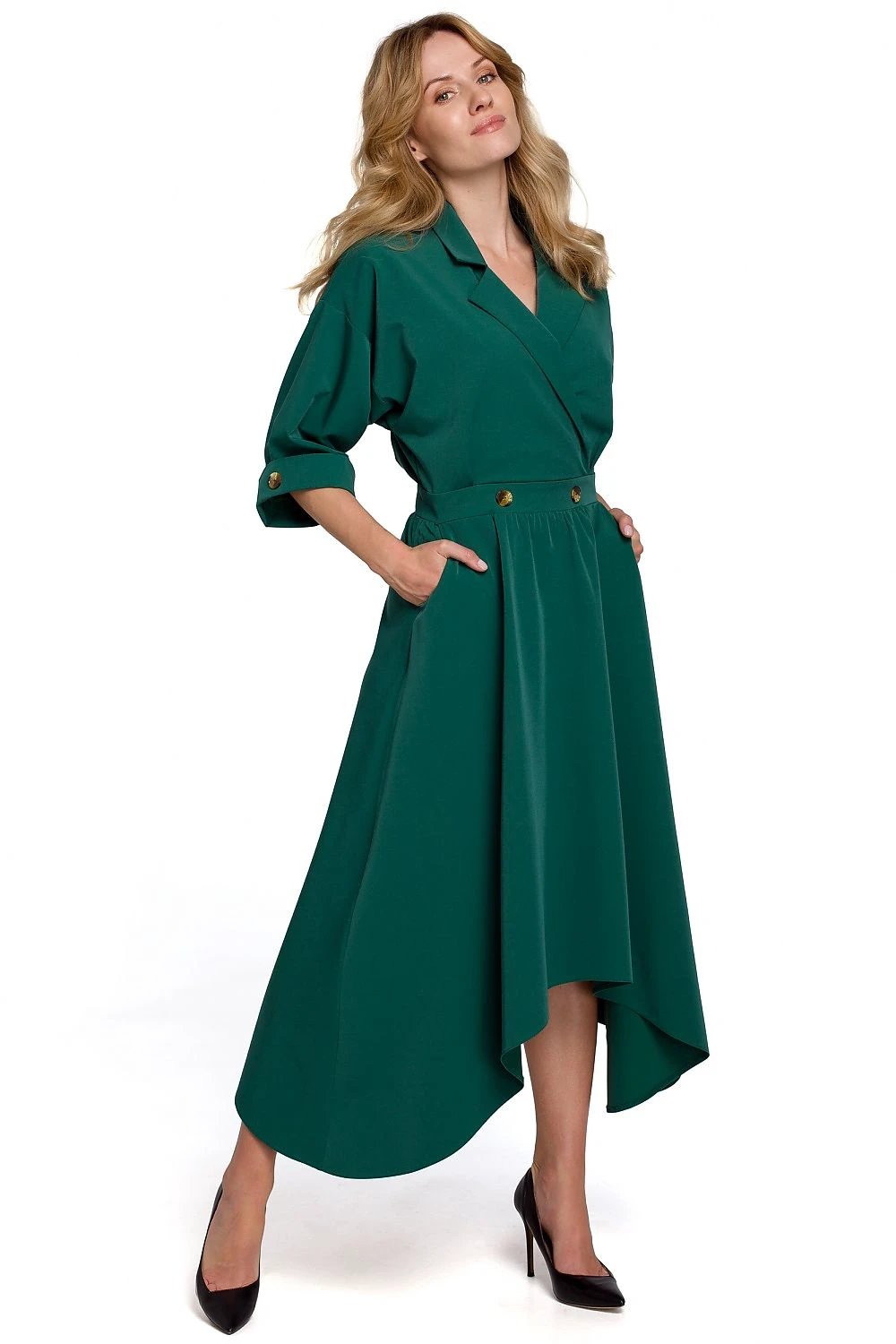 Makover Beige Women's Daydress Model 147642 - Asymmetrical Hem, Collar, and Chic Buttons for Everyday Elegance by Makover