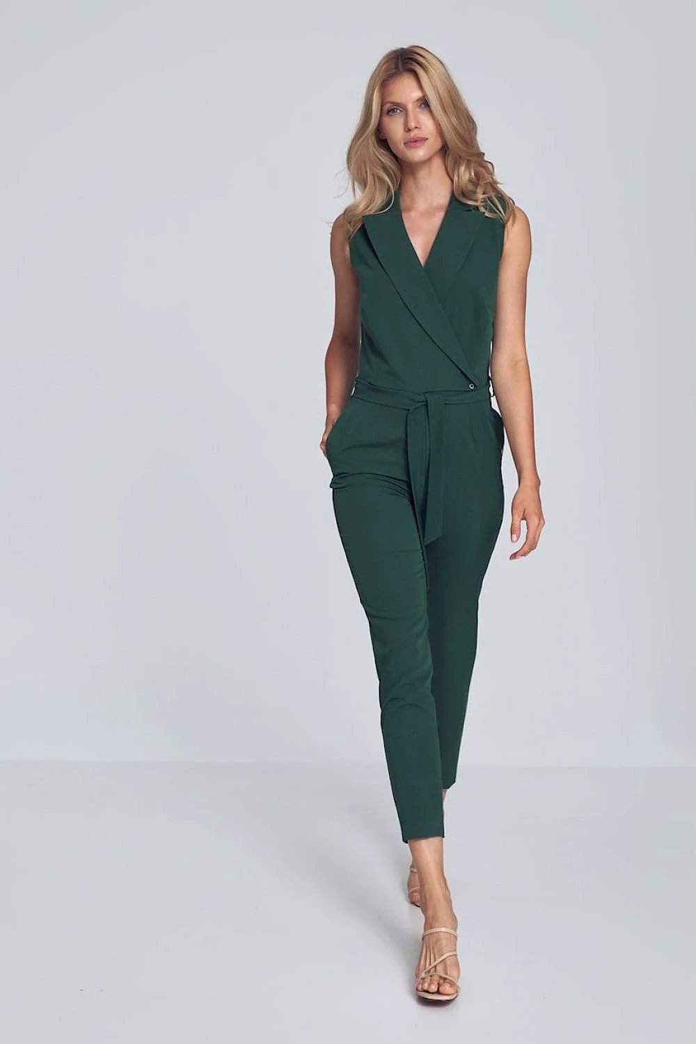 Figl Women's Brown V-Neck Sleeveless Bodysuit - Tie Waist, Loose Legs, and Side Pockets by Figl