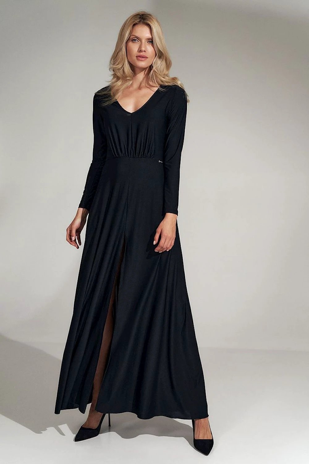 Figl Elegant Green Long Dress - Flared V-Neck Design with Elastic Waist and Stretch Fabric for Comfort by Figl