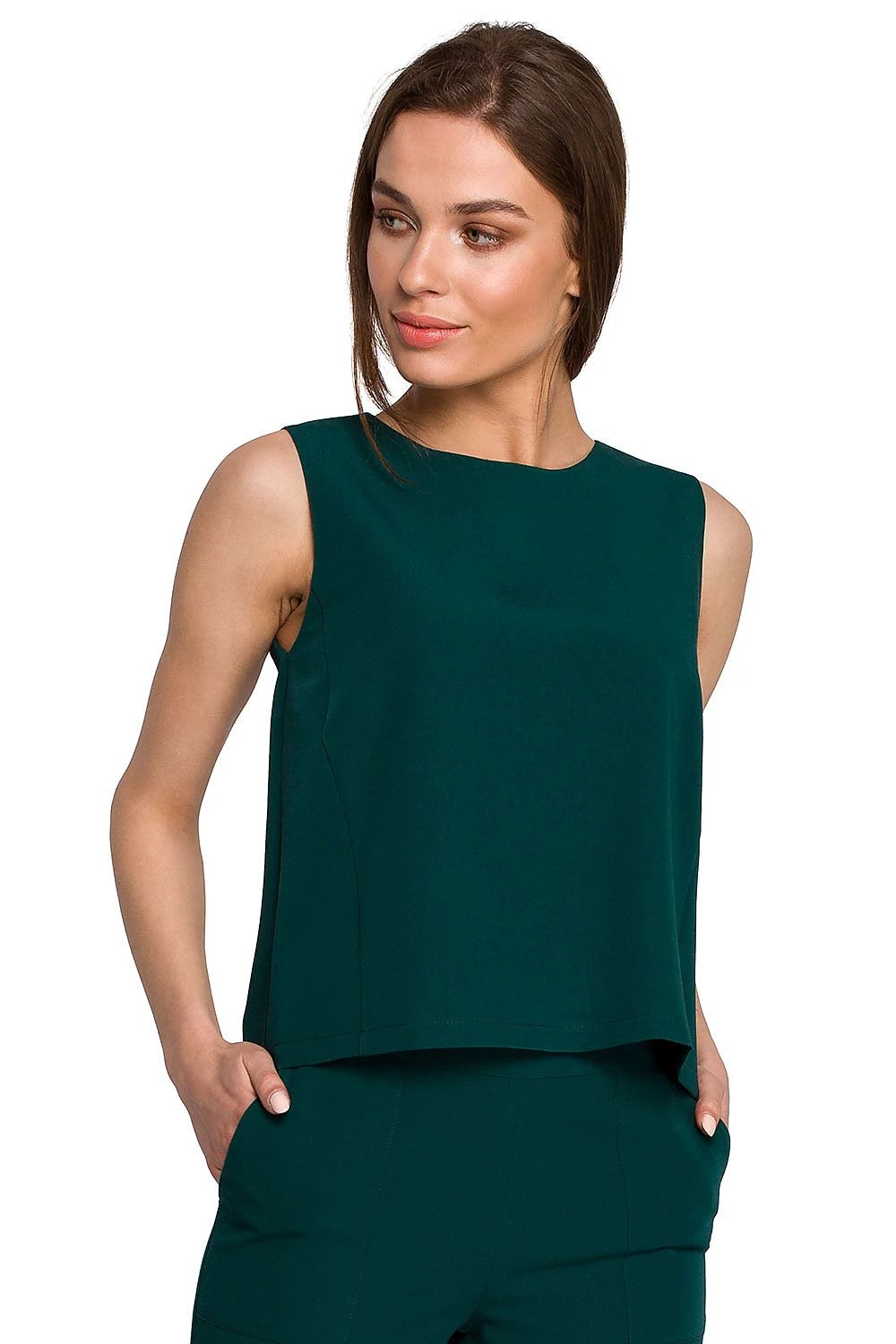 Stylove Short Sleeveless Blouse for Women - Trapeze Cut with Delicate Back Neckline and Covered Zipper by Stylove